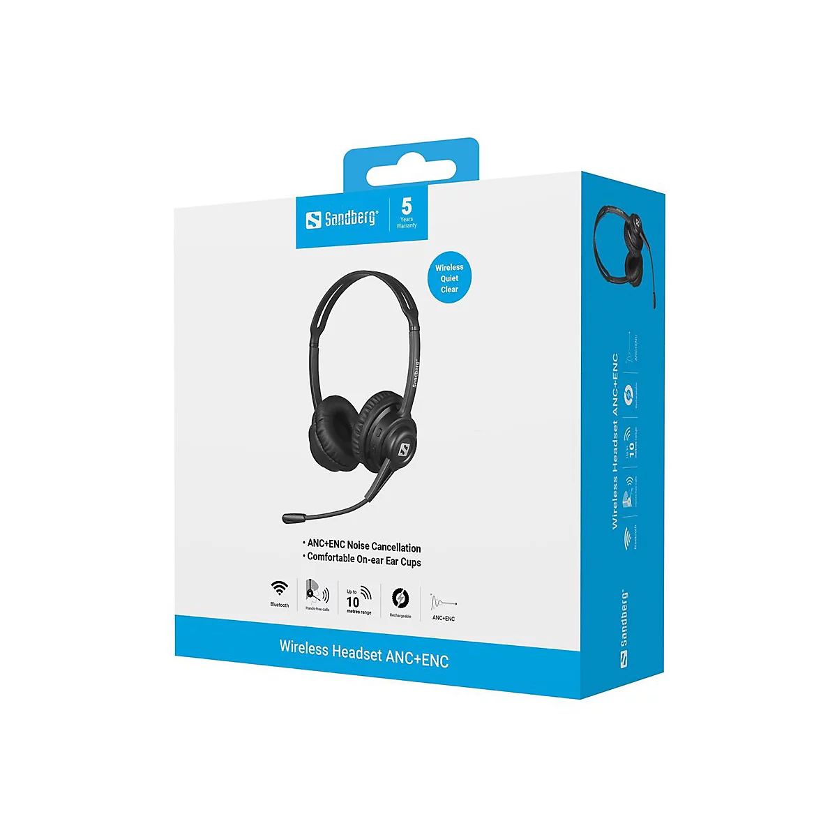 Produktverpackung für Sandberg Wireless Headset mit ANC und ENC Technologie in Weiß und Blau.
