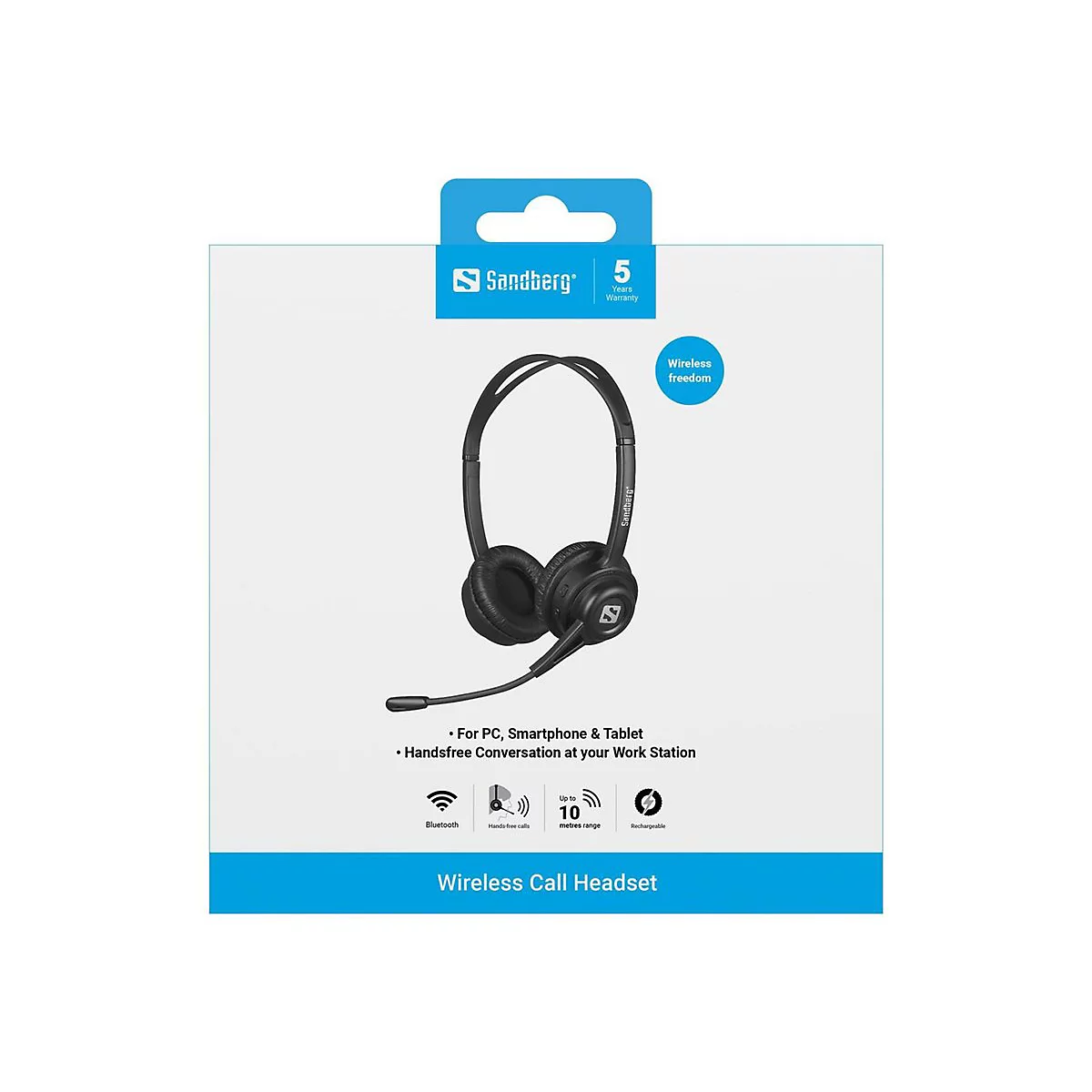 Schwarzes drahtloses Sandberg Headset in Produktverpackung mit Produktmerkmalen.