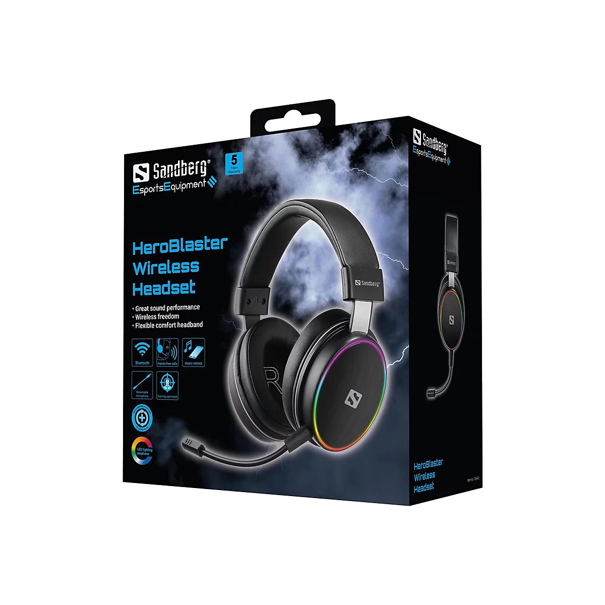 Verpackung des schwarzen Sandberg HeroBlaster Wireless Headsets mit RGB-Beleuchtung und Gaming-Logo.