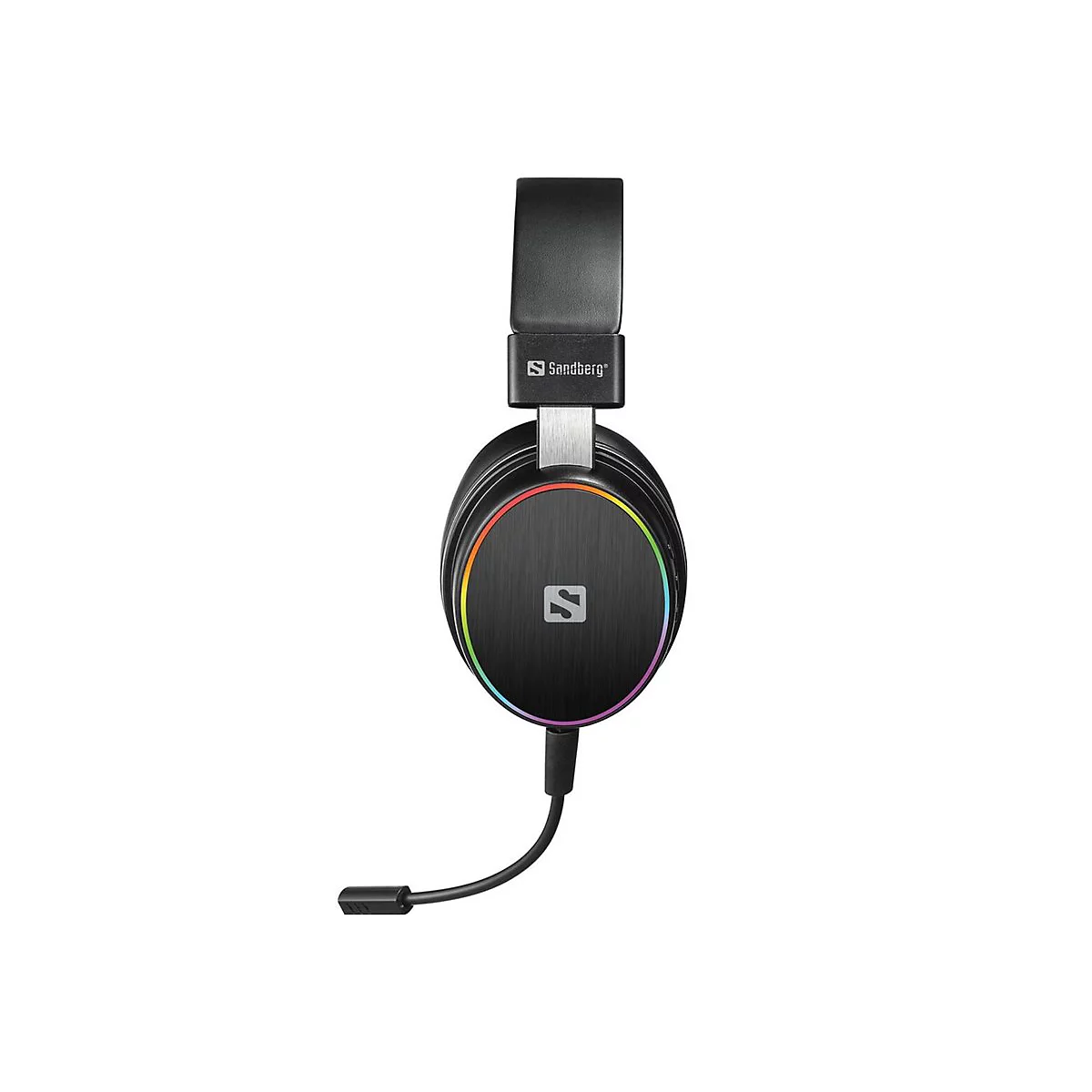 Schwarzes Gaming-Headset mit RGB-Beleuchtung am Ohrmuschelrand und Sandberg-Logo auf weißem Hintergrund.