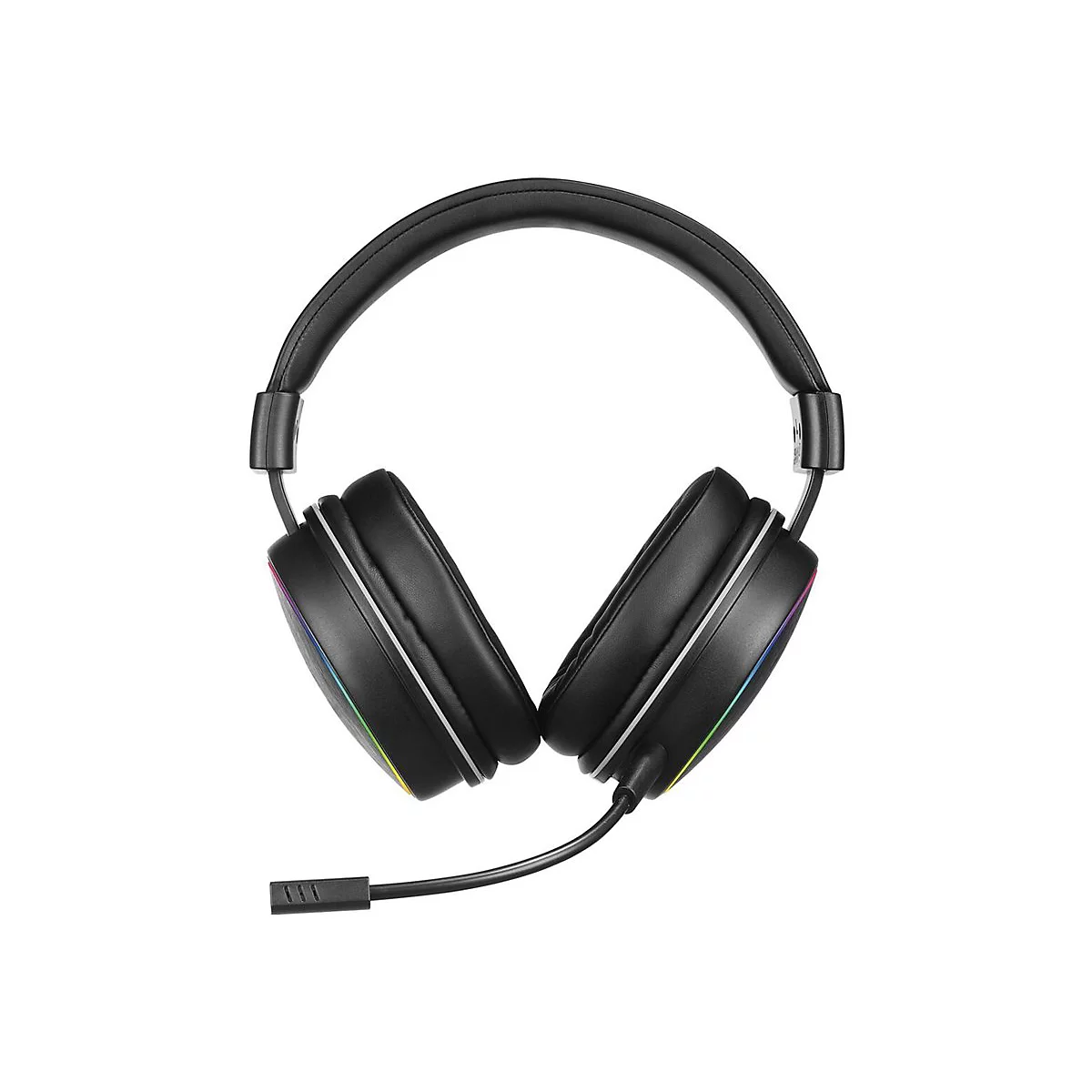 Schwarzes Gaming-Headset mit Ohrpolstern und flexiblem Mikrofon vor weißem Hintergrund.
