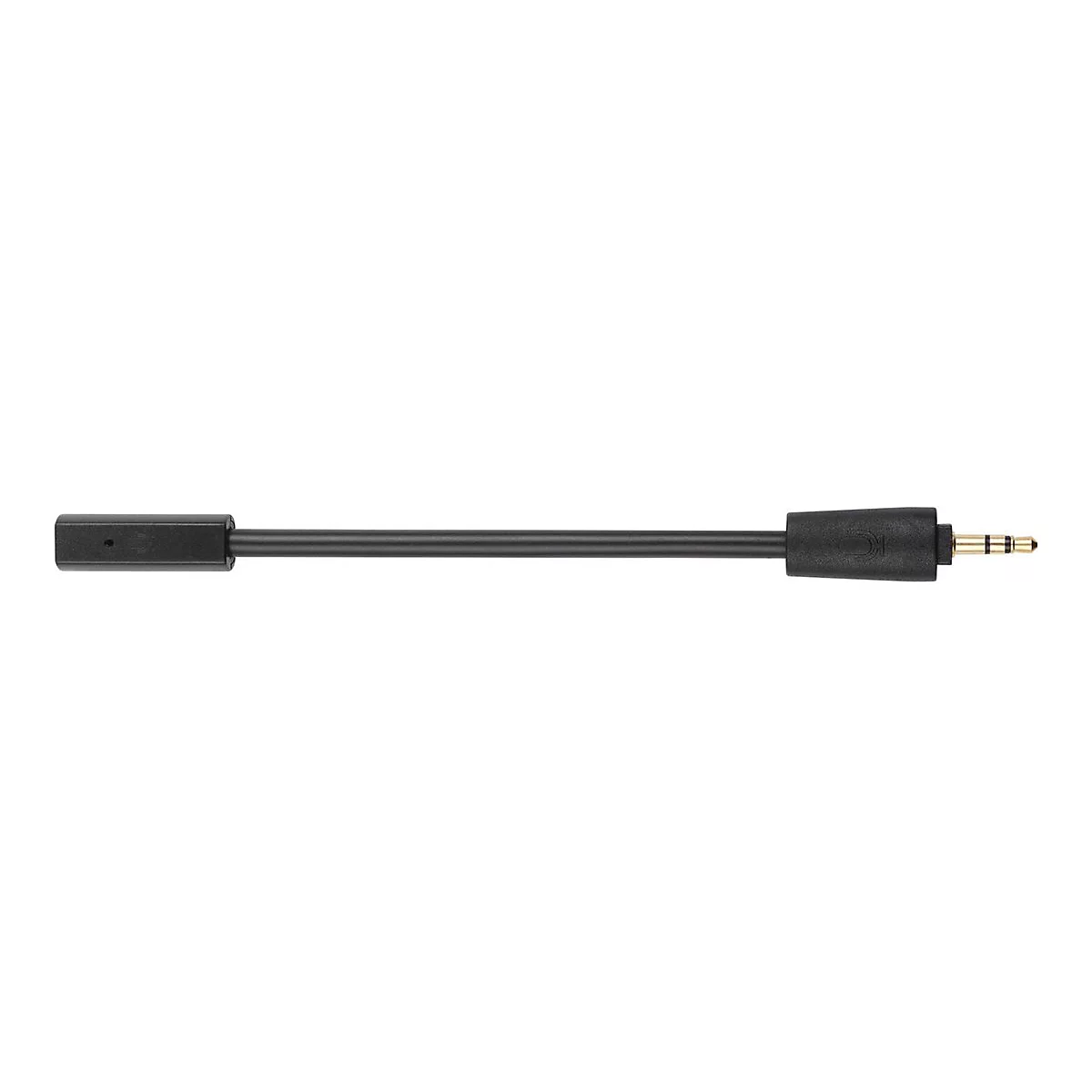 Schwarzes Audiokabel mit 3,5-mm-Klinkenstecker vor weißem Hintergrund.