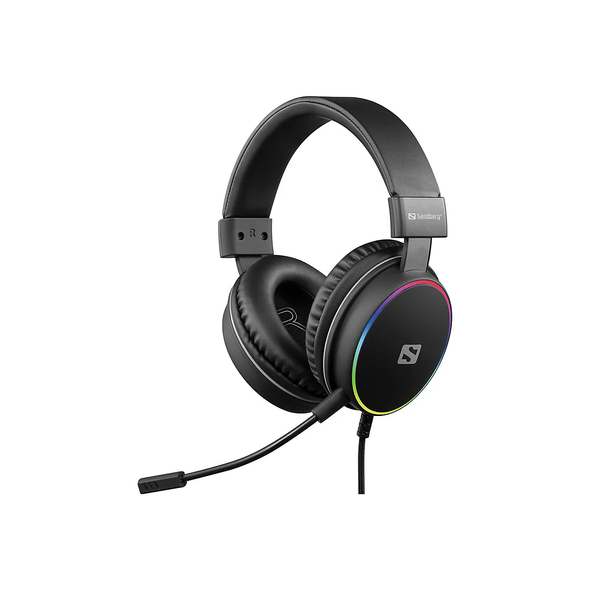 Schwarzes Gaming-Headset mit Regenbogenfarben und Mikrofon. Das Headset hat ein Logo und ein Kabel.