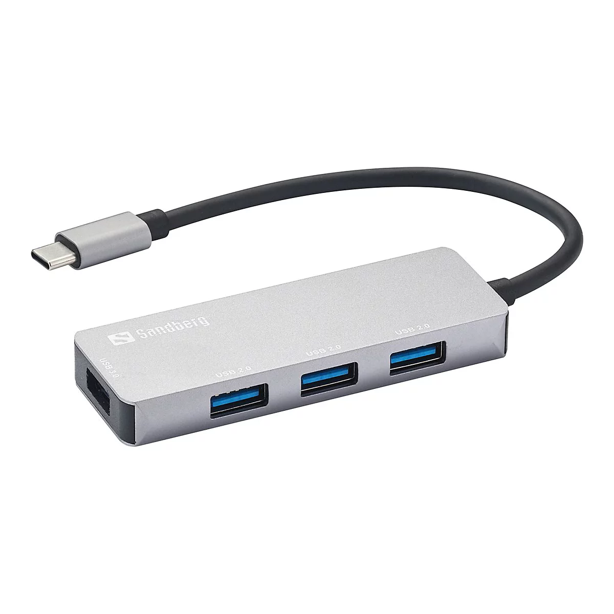 Ein silberner USB-Hub mit drei USB 2.0-Anschlüssen, einem USB 3.0-Anschluss und einem USB-C-Anschluss. Das Kabel ist schwarz.