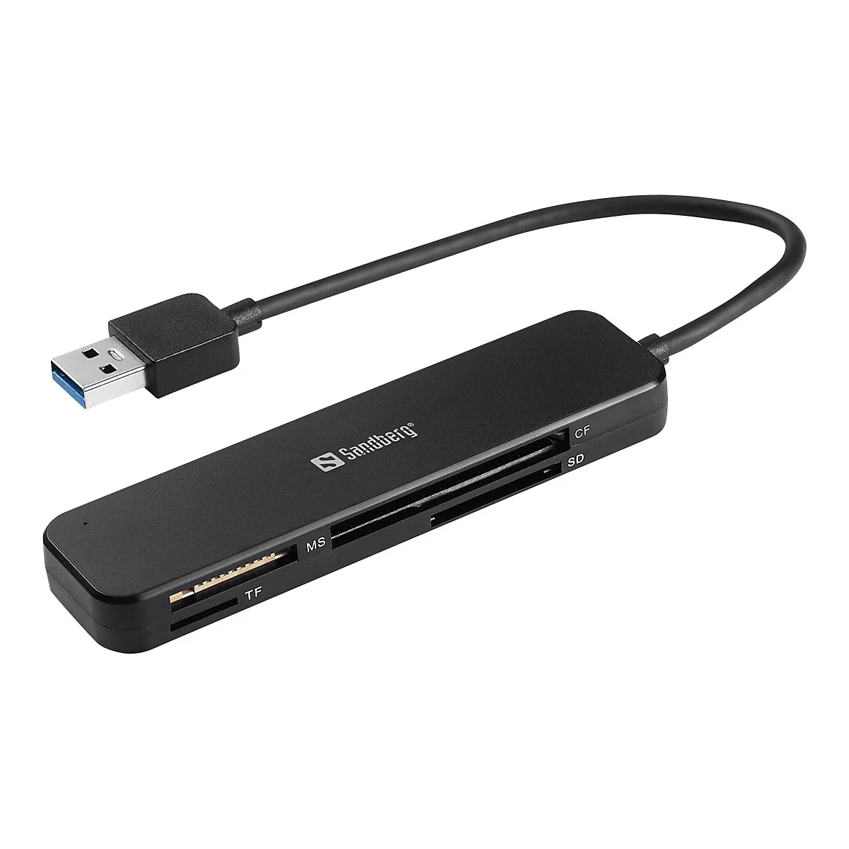 Schwarzer Kartenleser mit USB-Anschluss, Sandberg Logo. SD-, CF-, MS- und TF-Kartenleser.