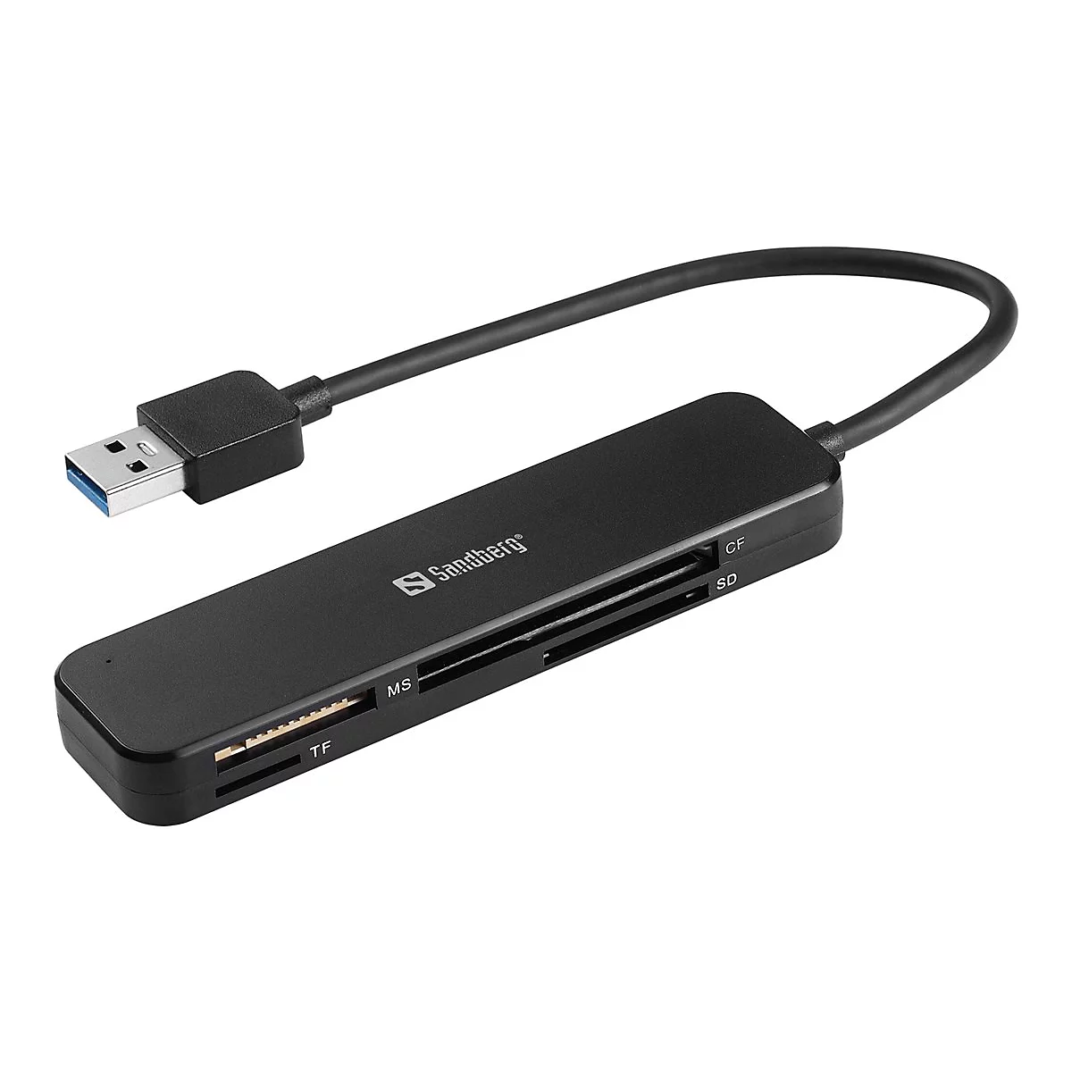 Schwarzer Kartenleser mit USB-Stecker und Kabel, Logo Sandberg. AnschlÃ¼sse fÃ¼r CF, SD, MS und TF.