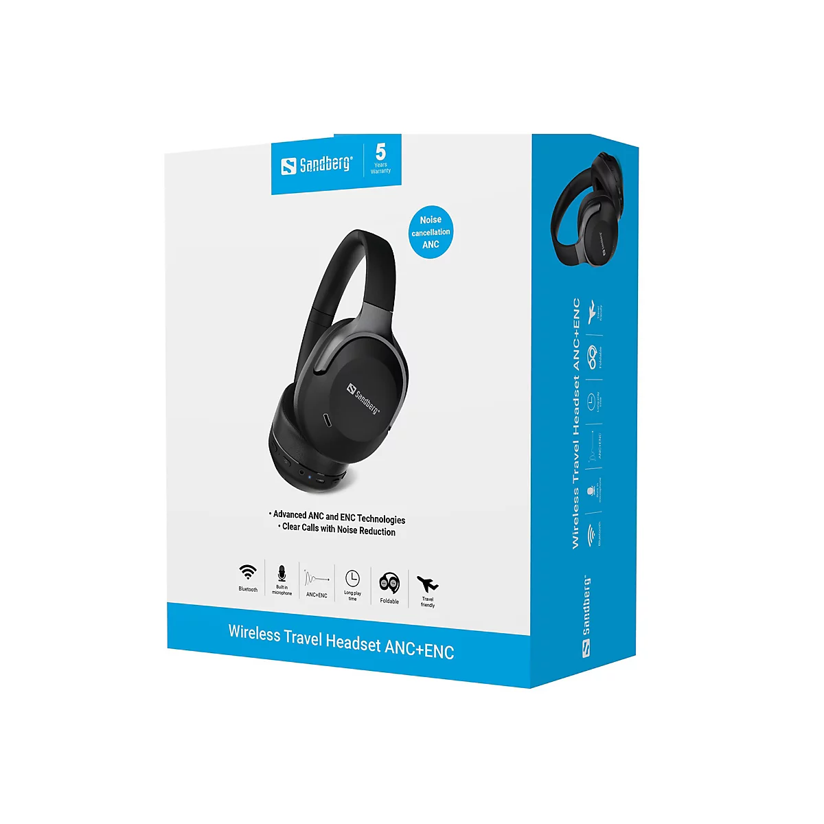 Schwarzer Sandberg Wireless Travel Headset ANC+ENC Kopfhörer auf einer Verpackung. Produktname und Features sind auf der Verpackung abgebildet.