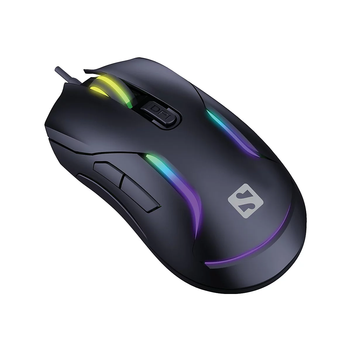 Schwarze Gaming-Maus mit RGB-Beleuchtung. Seitlich Tasten, oben DPI-Taste. Logo auf der rechten Seite.