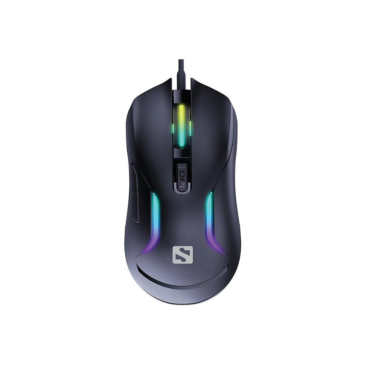 Schwarze Gaming-Maus mit farbiger Beleuchtung, DPI-Knopf und Kabel.