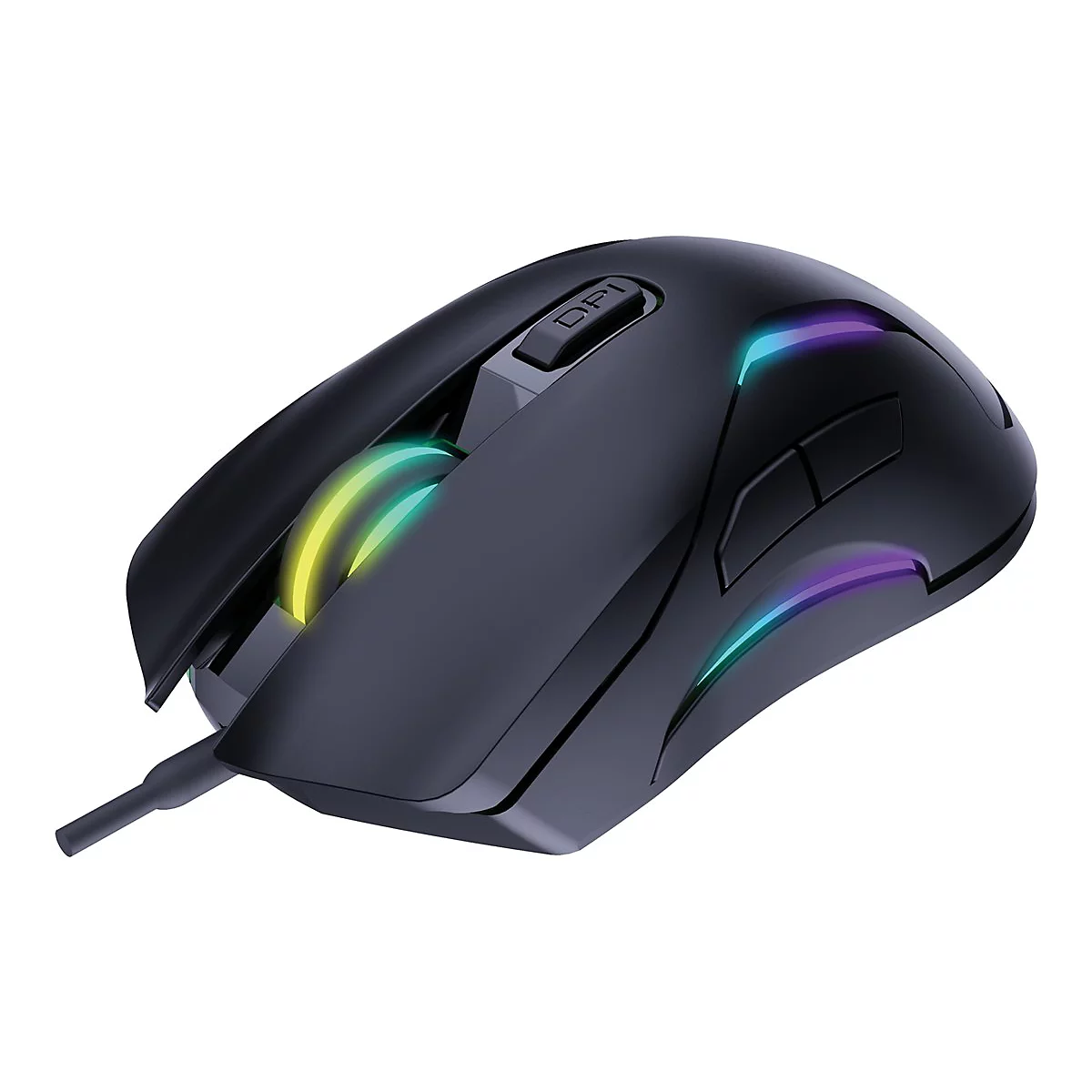 Schwarze Gaming-Maus mit farbiger Beleuchtung, Kabel und DPI-Taste.