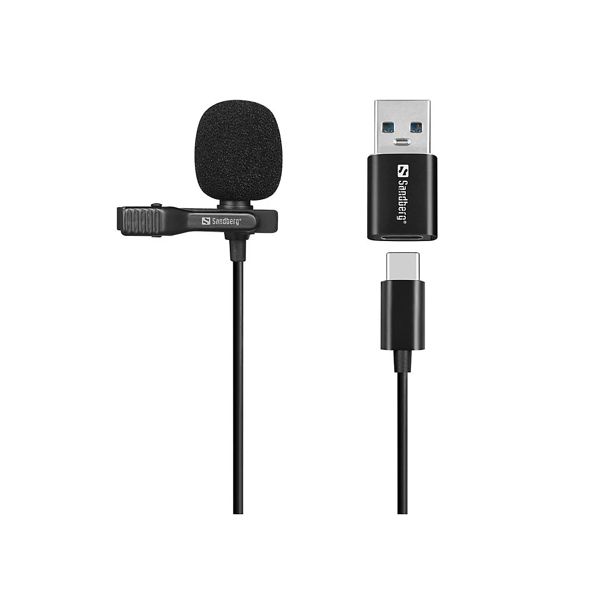 Schwarzes Lavalier-Mikrofon mit Klipp und USB-C-Adapter vor weißem Hintergrund.