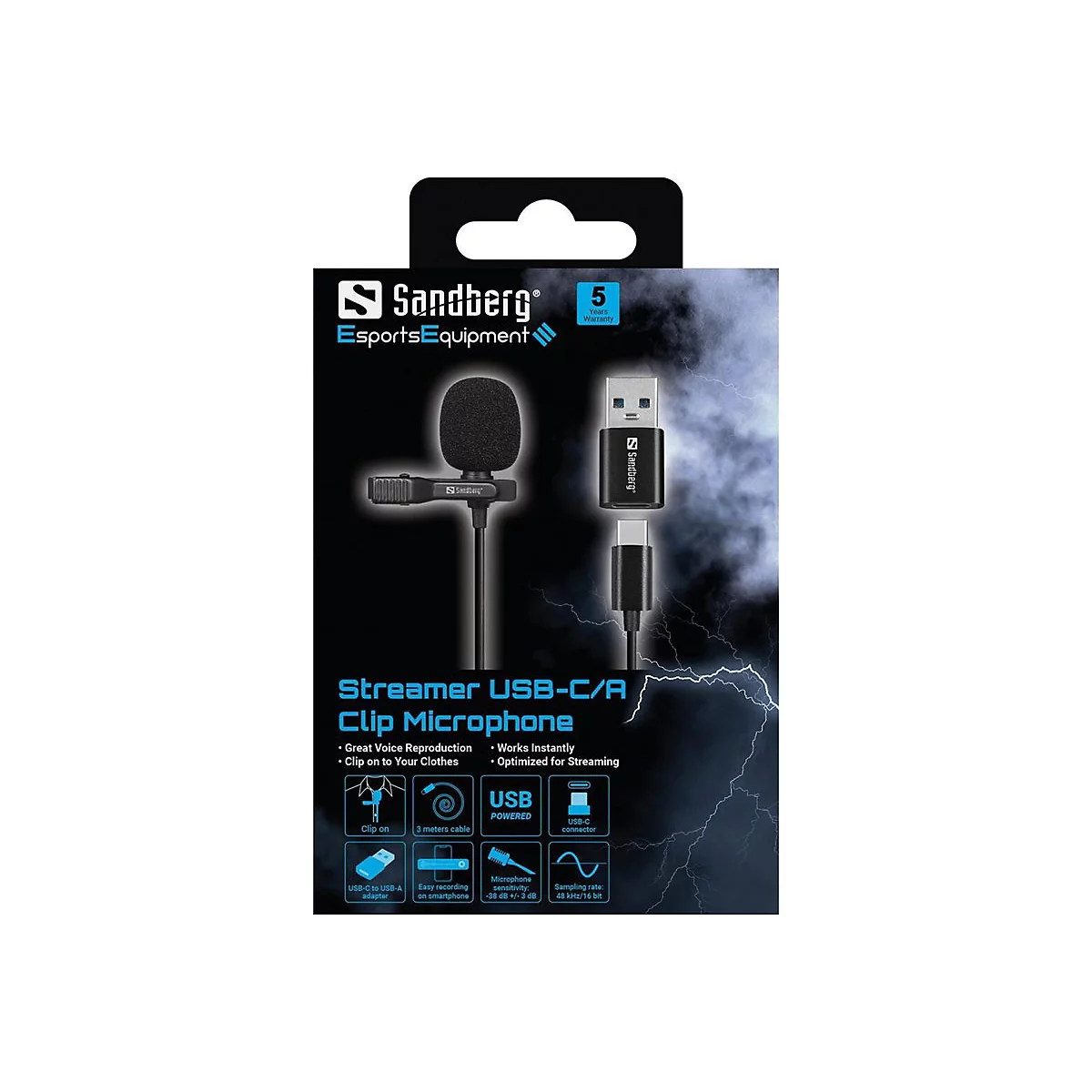 Sandberg Ansteckmikrofon in Originalverpackung mit USB-C und USB-A Anschluss.