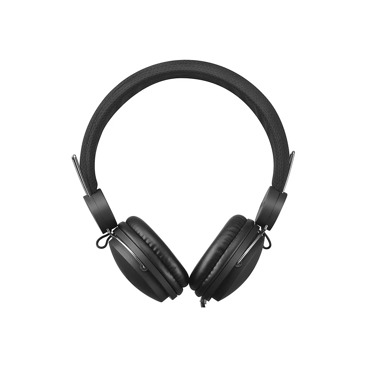 Schwarzer On-Ear-Kopfhörer mit gepolstertem Bügel und ovalen Ohrmuscheln auf weißem Hintergrund.