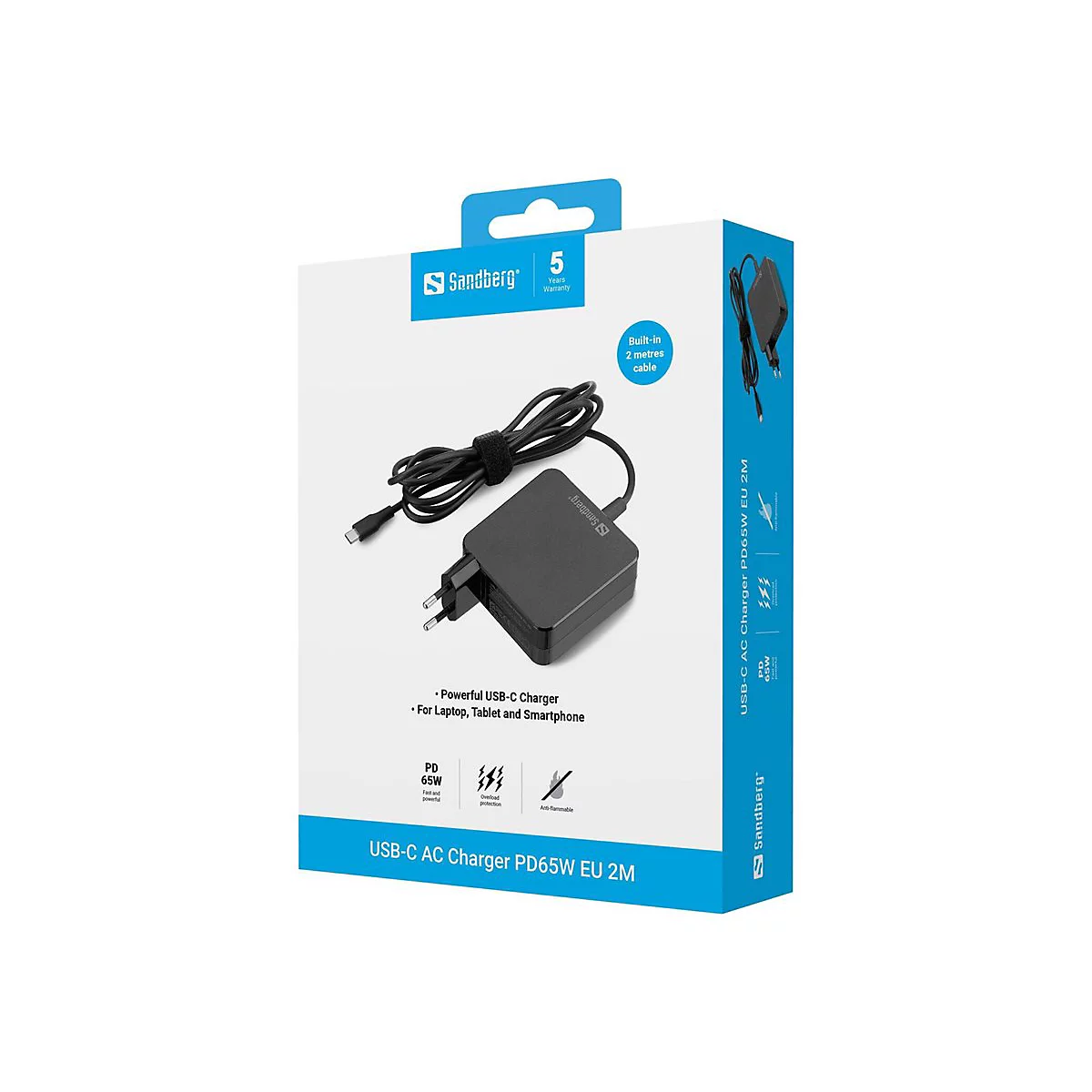 Sandberg USB-C Netzteil mit 65W, EU-Stecker und festem 2-Meter-Kabel in weißer Verkaufsverpackung.