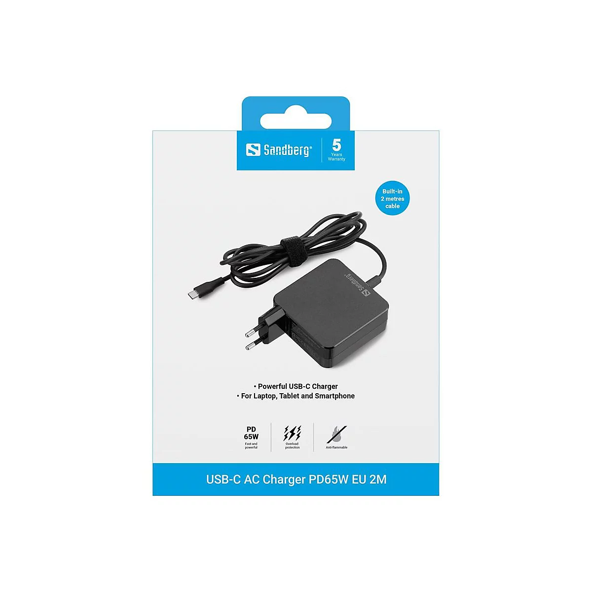 Sandberg USB-C Ladegerät mit 65W, 2 Meter Kabel und EU-Stecker in der Produktverpackung.
