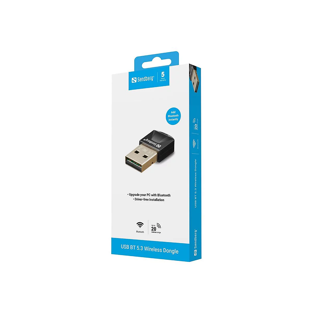 Sandberg USB BT 5.3 Wireless Dongle in weißer Produktverpackung mit blauem Branding.