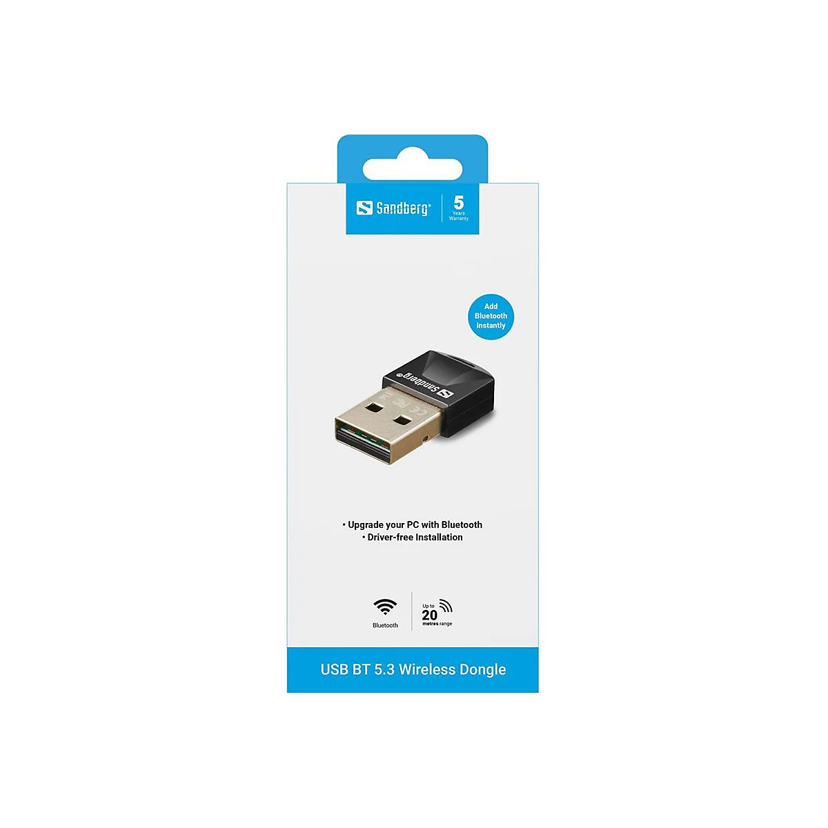 Sandberg USB BT 5.3 Wireless Dongle in weißer Verkaufsverpackung.
