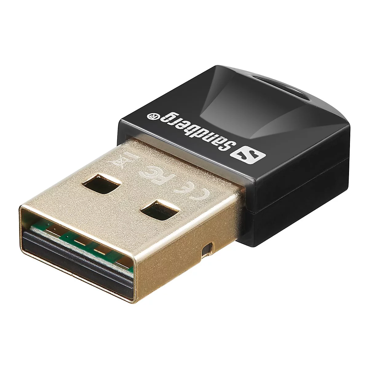 Schwarzer USB-Dongle mit Sandberg-Logo. Der goldfarbene USB-Stecker steht im Kontrast zum schwarzen Gehäuse.