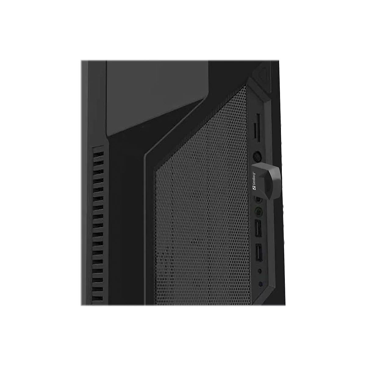 Detailaufnahme eines schwarzen PC-Gehäuses mit einem USB-Stick der Marke Sandberg, der in einen USB-Anschluss gesteckt ist.