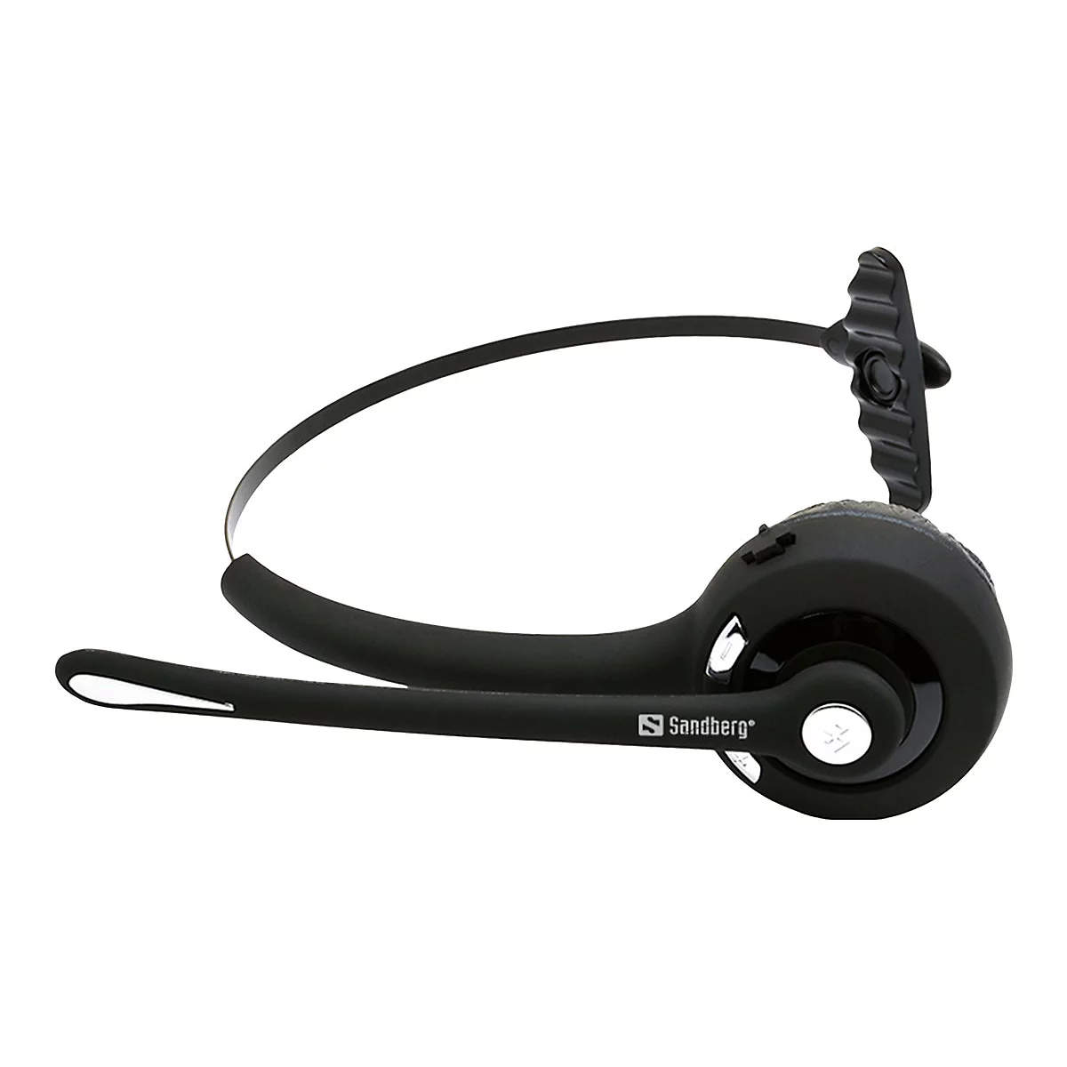 Schwarzes Headset auf weißem Hintergrund. Mit Ohrbügel, Mikrofonarm und Sandberg-Logo.