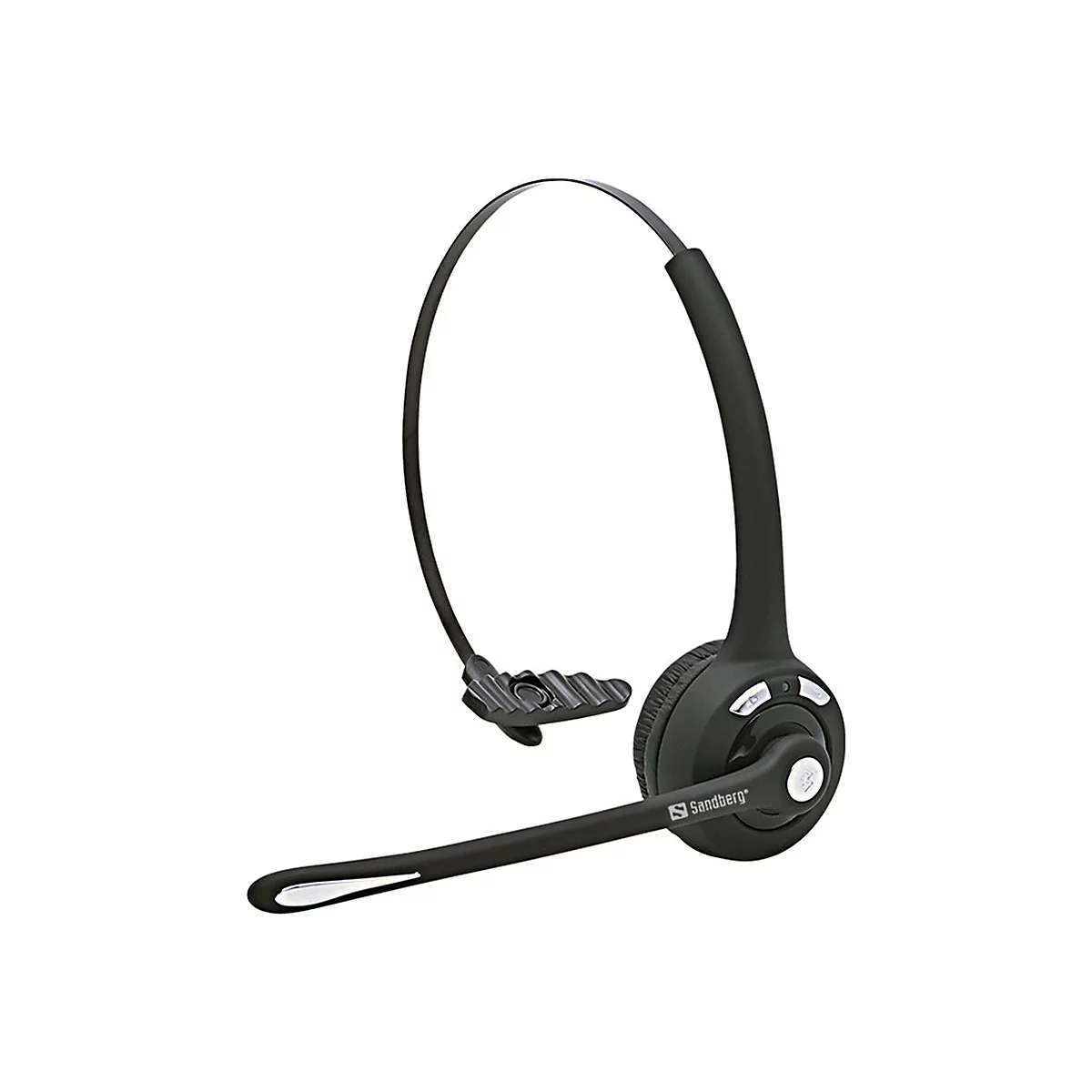 Schwarzes Bluetooth-Headset von Sandberg. Das Headset besteht aus einem Kopfbügel, einem Lautsprecher und einem Mikrofon.