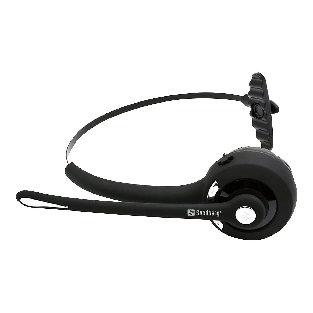 Schwarzes Headset mit Ohrmuschel und Bügel, Marke Sandberg.