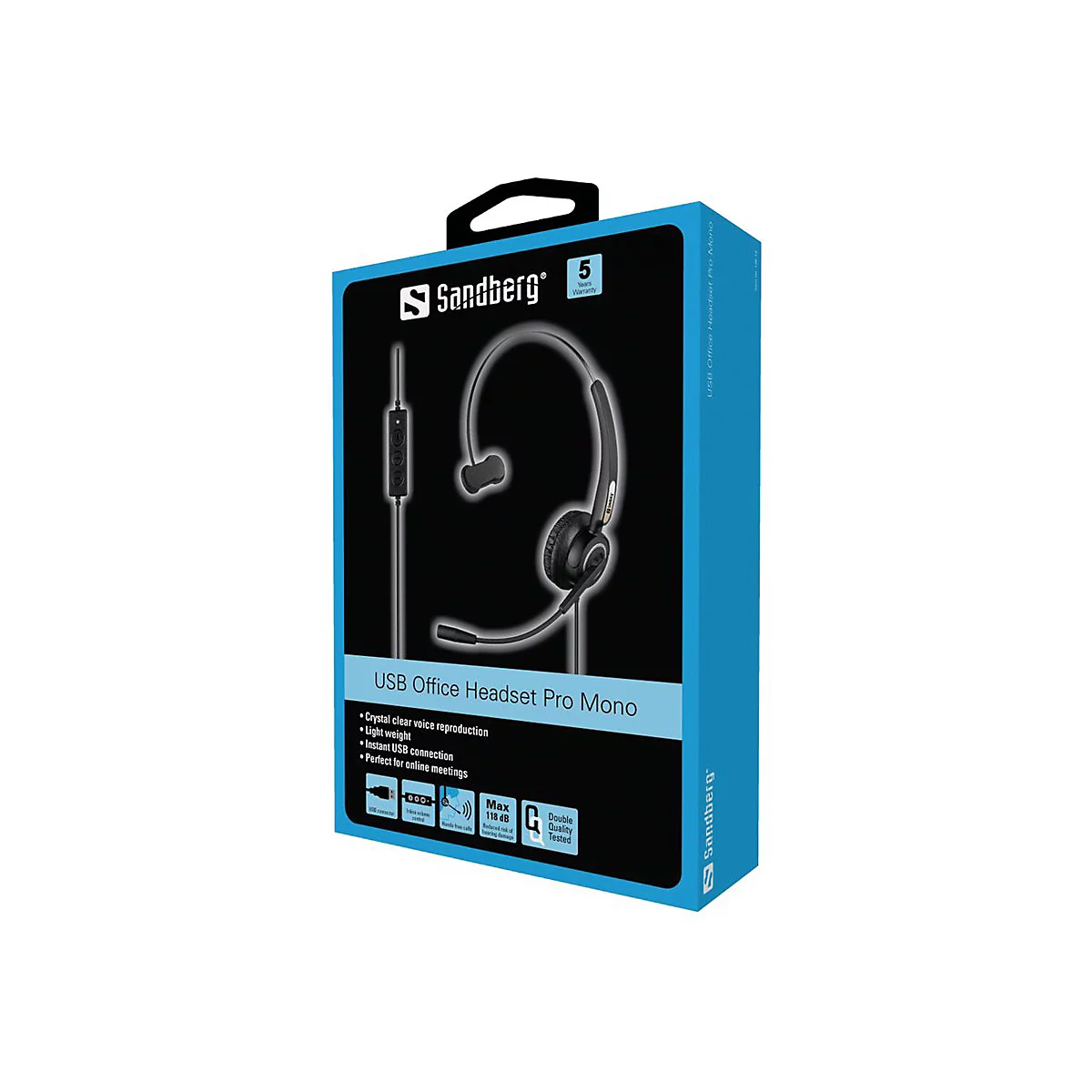 Ein Headset in einer Verpackung. Das Headset ist schwarz und hat einen BÃ¼gel und ein Mikrofon. Auf der Verpackung steht USB Office Headset Pro Mono.