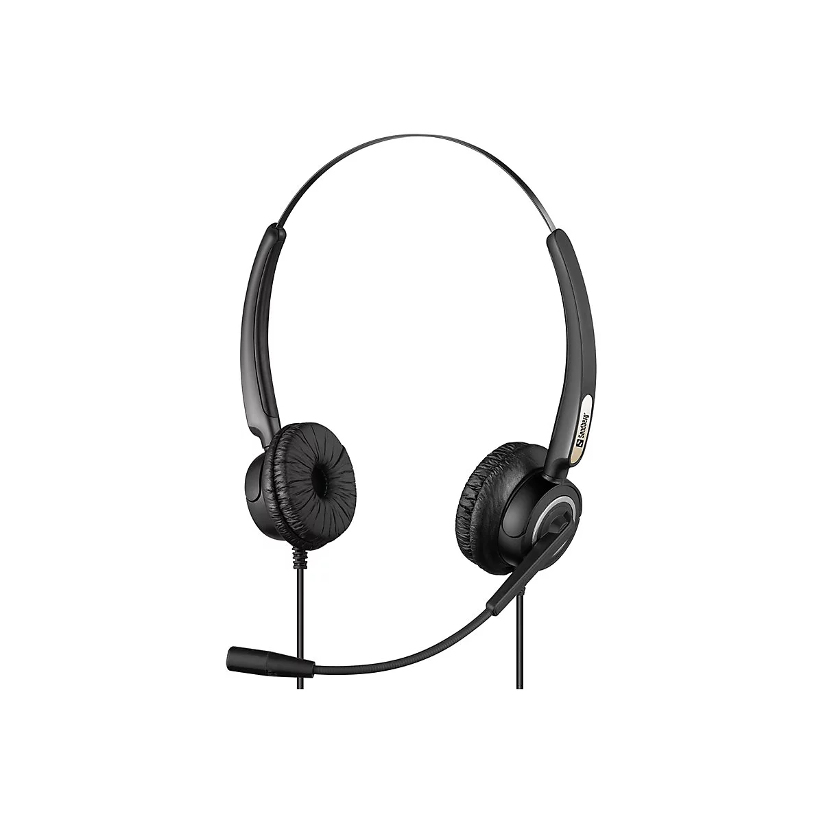 Schwarzes Headset mit Mikrofon. AufgehÃ¤ngt an einem weiÃŸen Hintergrund.