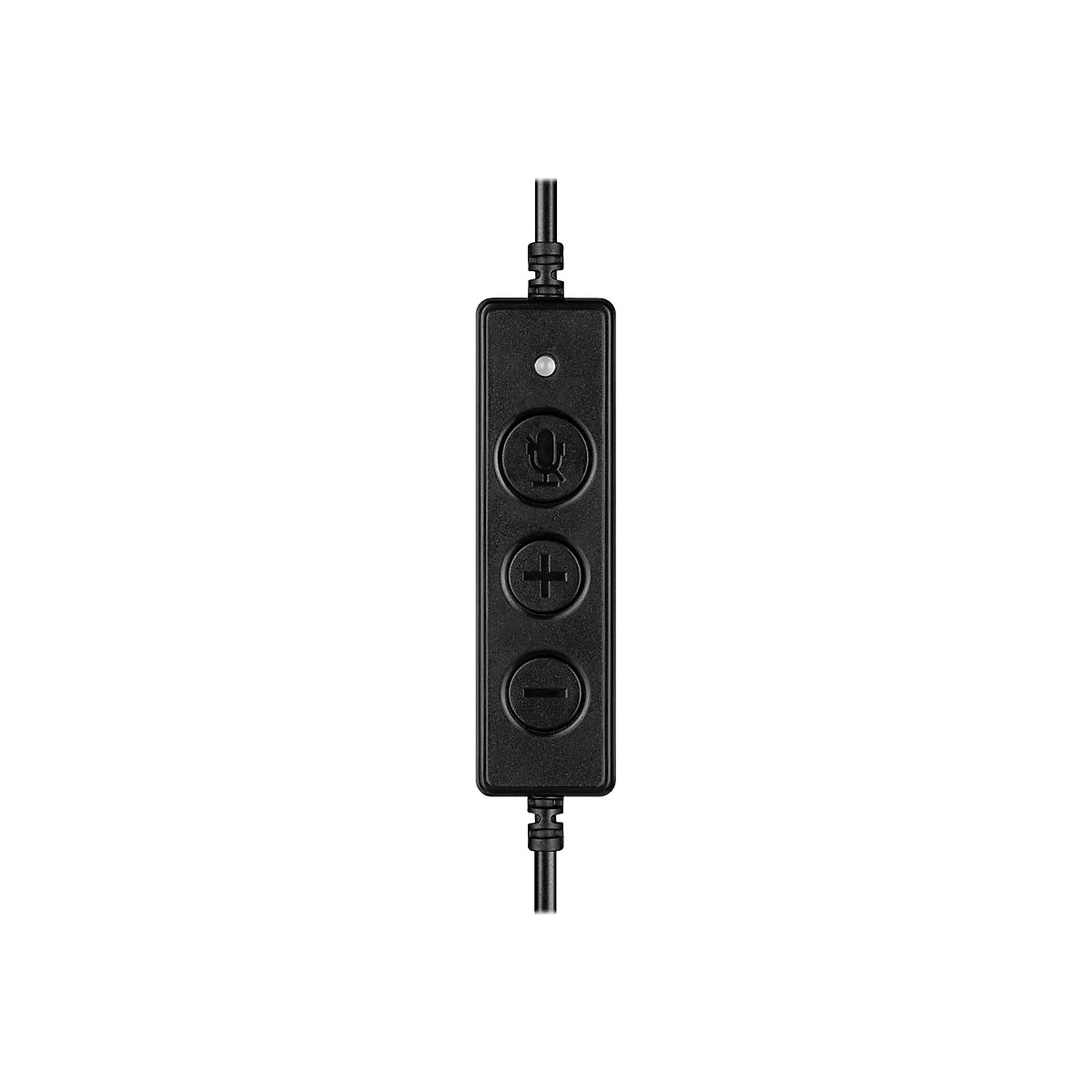 Schwarzes Headset-Bedienelement mit Mikrofonsymbol, Plus- und Minustasten.