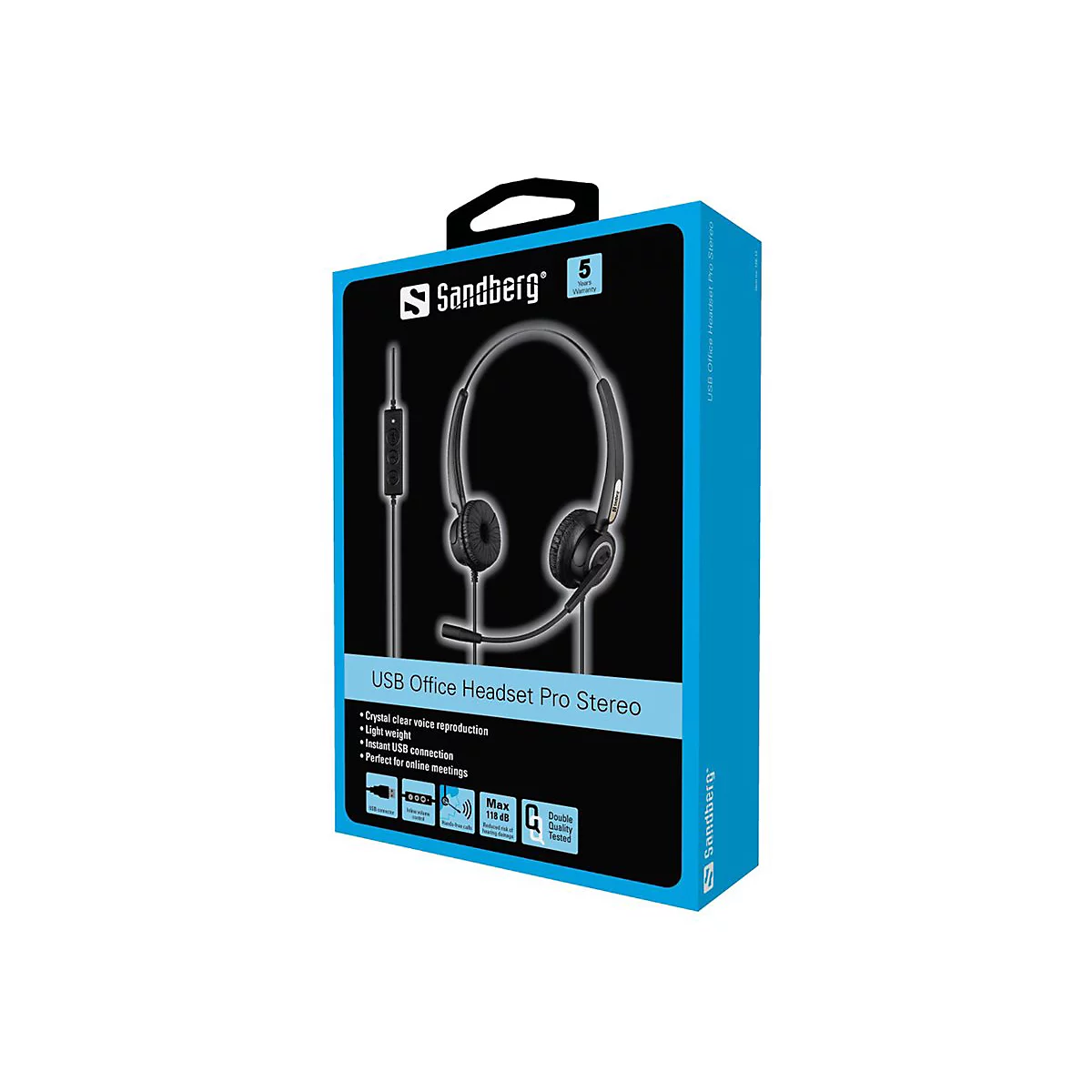 Produktverpackung eines Sandberg USB Office Headset Pro Stereo. Blau, mit KopfhÃ¶rer-Abbildung.
