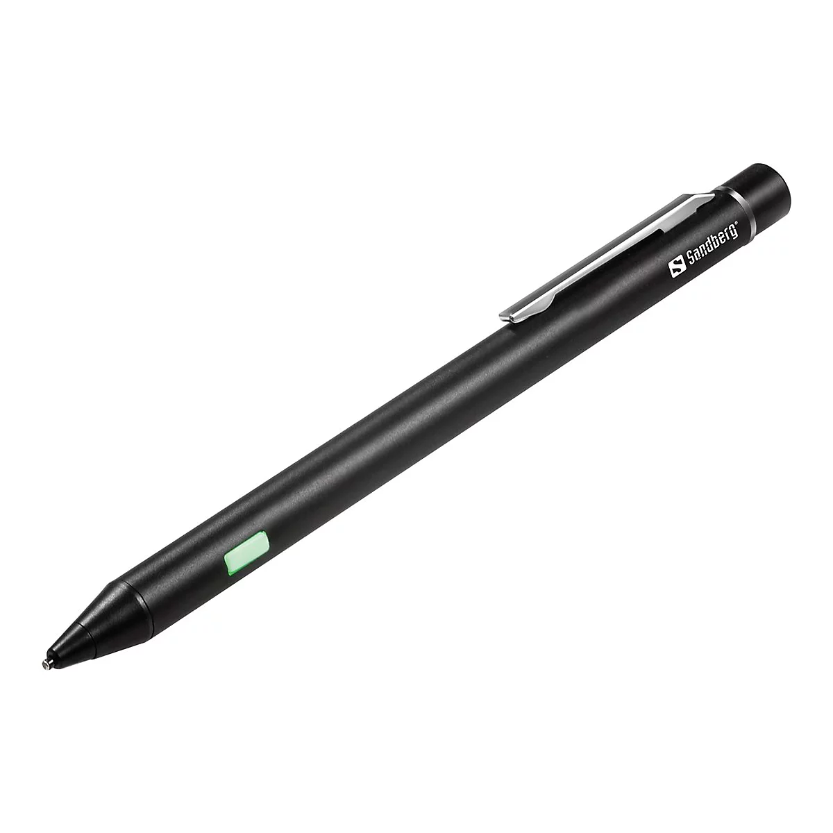 Schwarzer Stylus mit grünem Knopf und dem Sandberg Logo. Der Stift liegt diagonal vor weißem Hintergrund.