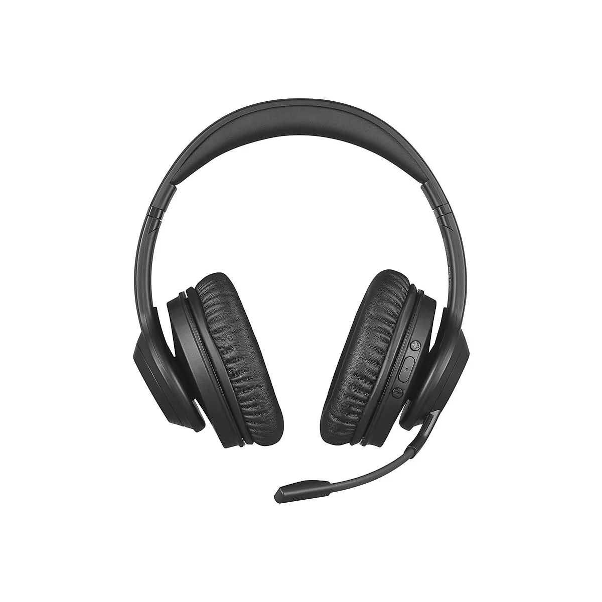 Schwarzer Kopfhörer mit gepolsterten Ohrmuscheln und Mikrofon vor weißem Hintergrund.