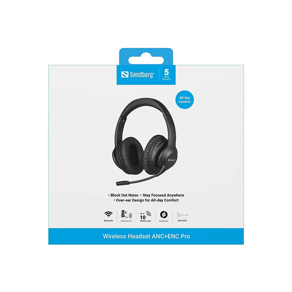 Schwarzes Sandberg Wireless-Headset in Produktverpackung mit Angaben zu Bluetooth, Reichweite und Geräuschunterdrückung.