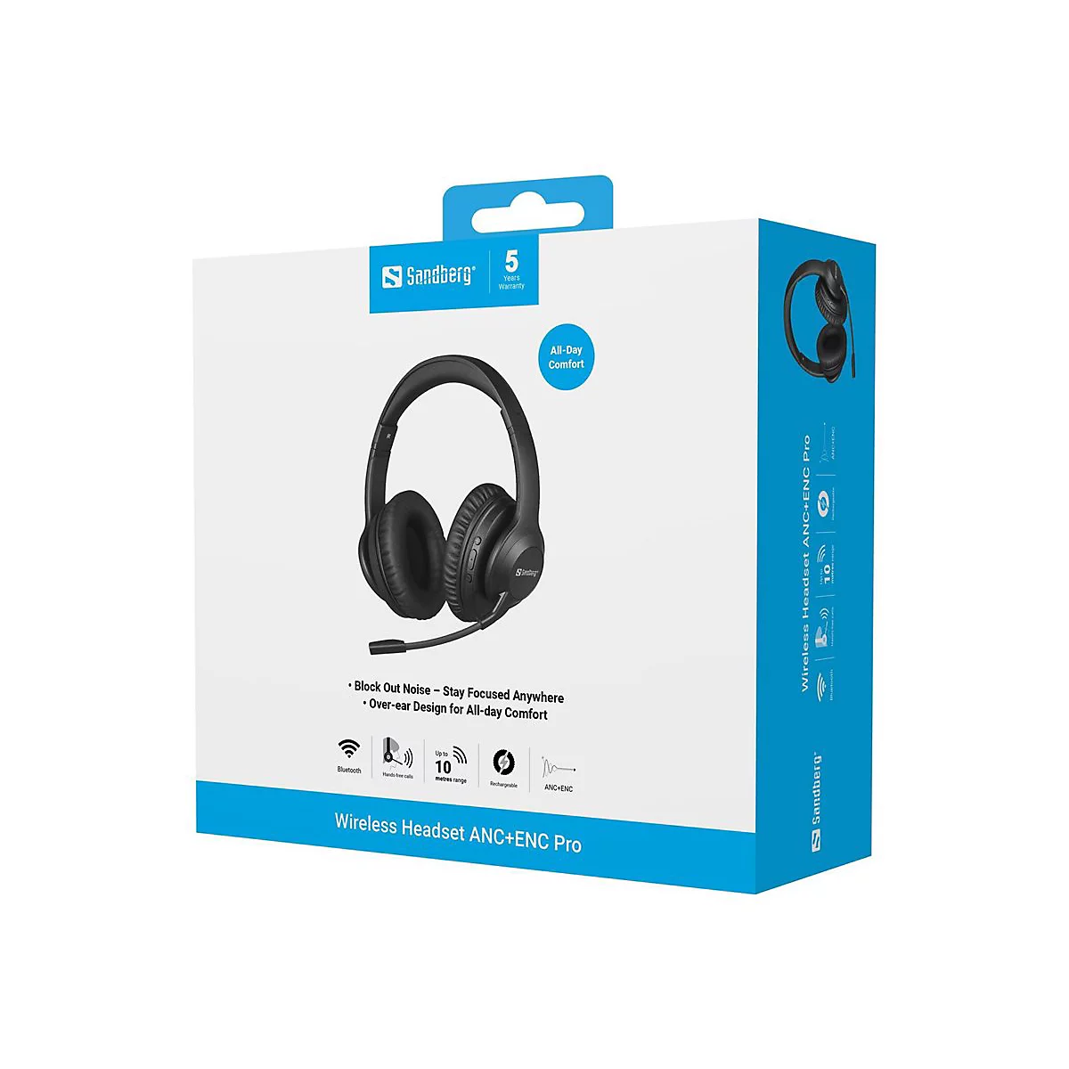 Verkaufsverpackung eines schwarzen Sandberg Wireless Headset ANC+ENC Pro mit Produktdetails.