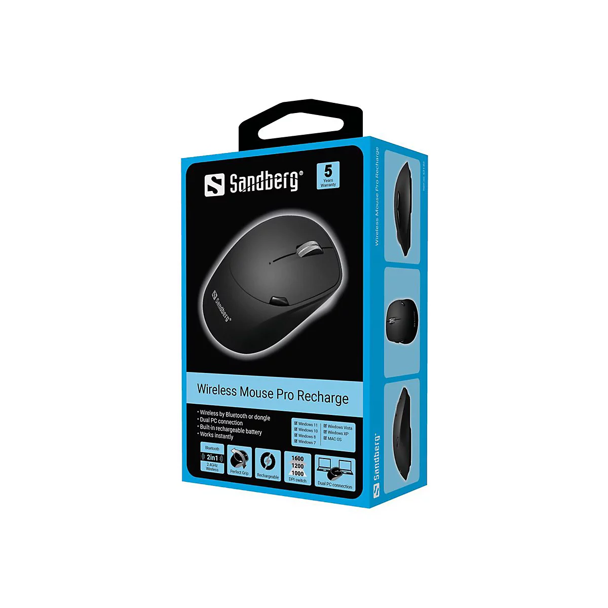 Schwarze Sandberg Wireless Mouse Pro Recharge auf Verpackung. Details: Bluetooth, wiederaufladbar, duale PC-Verbindung.