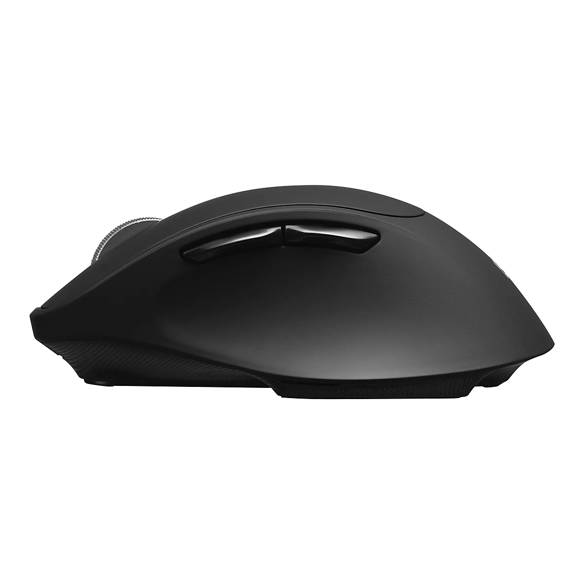Schwarze Computermaus, Seitenansicht. Zwei Tasten, ein Scrollrad und ergonomisches Design.