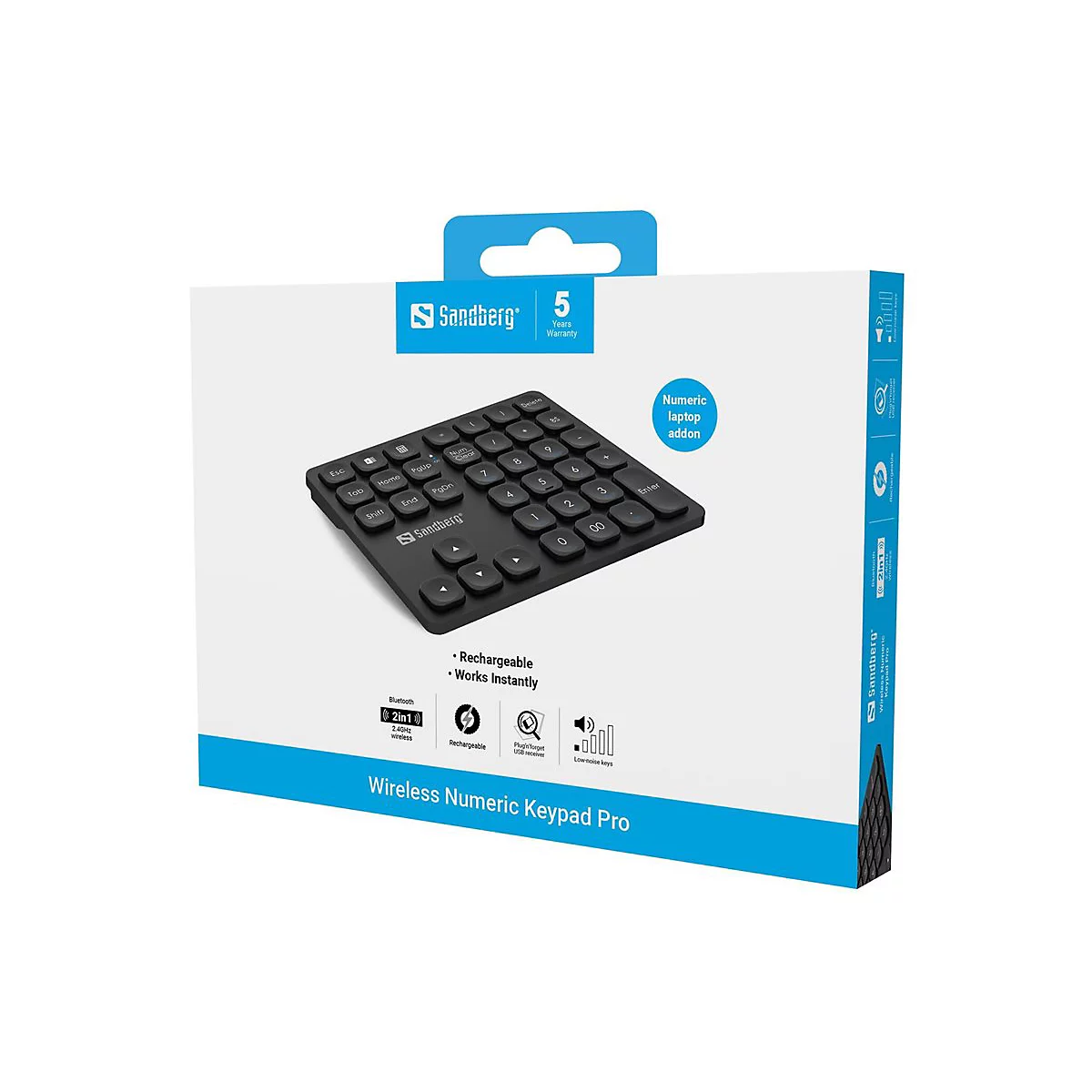 Produktverpackung eines Sandberg Wireless Numeric Keypad Pro vor weißem Hintergrund.