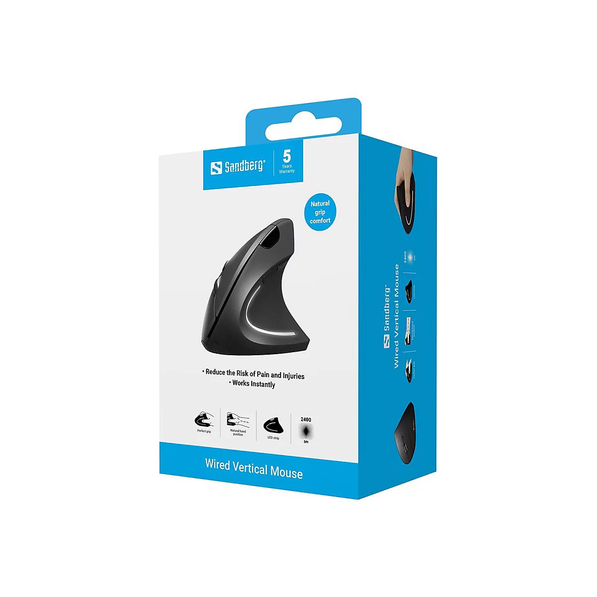 Produktverpackung einer Sandberg kabelgebundenen, ergonomischen Vertikalmaus in Schwarz vor weißem Hintergrund.