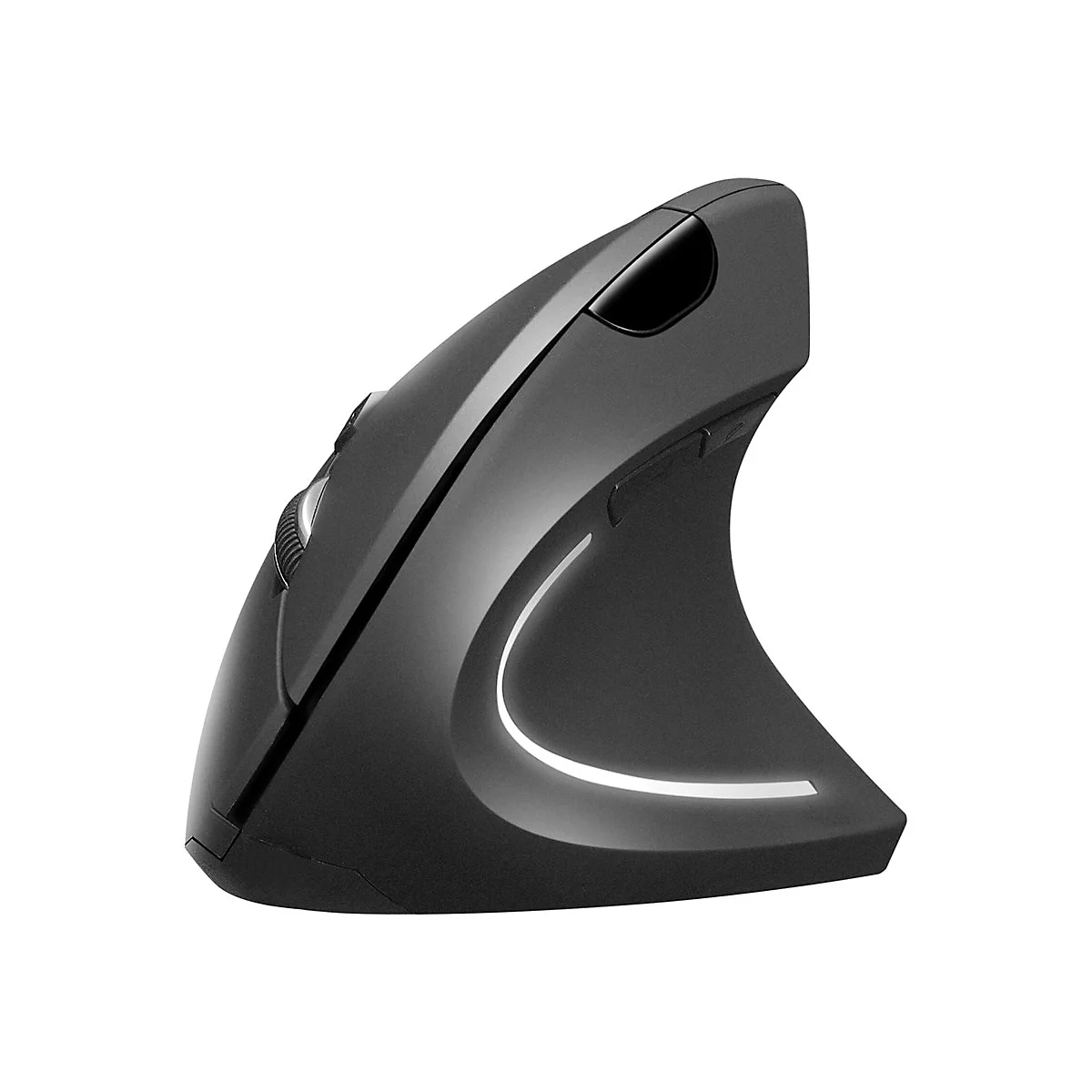Ein schwarzer ergonomischer Vertikal-Maus mit LED-Akzenten und Scrollrad.