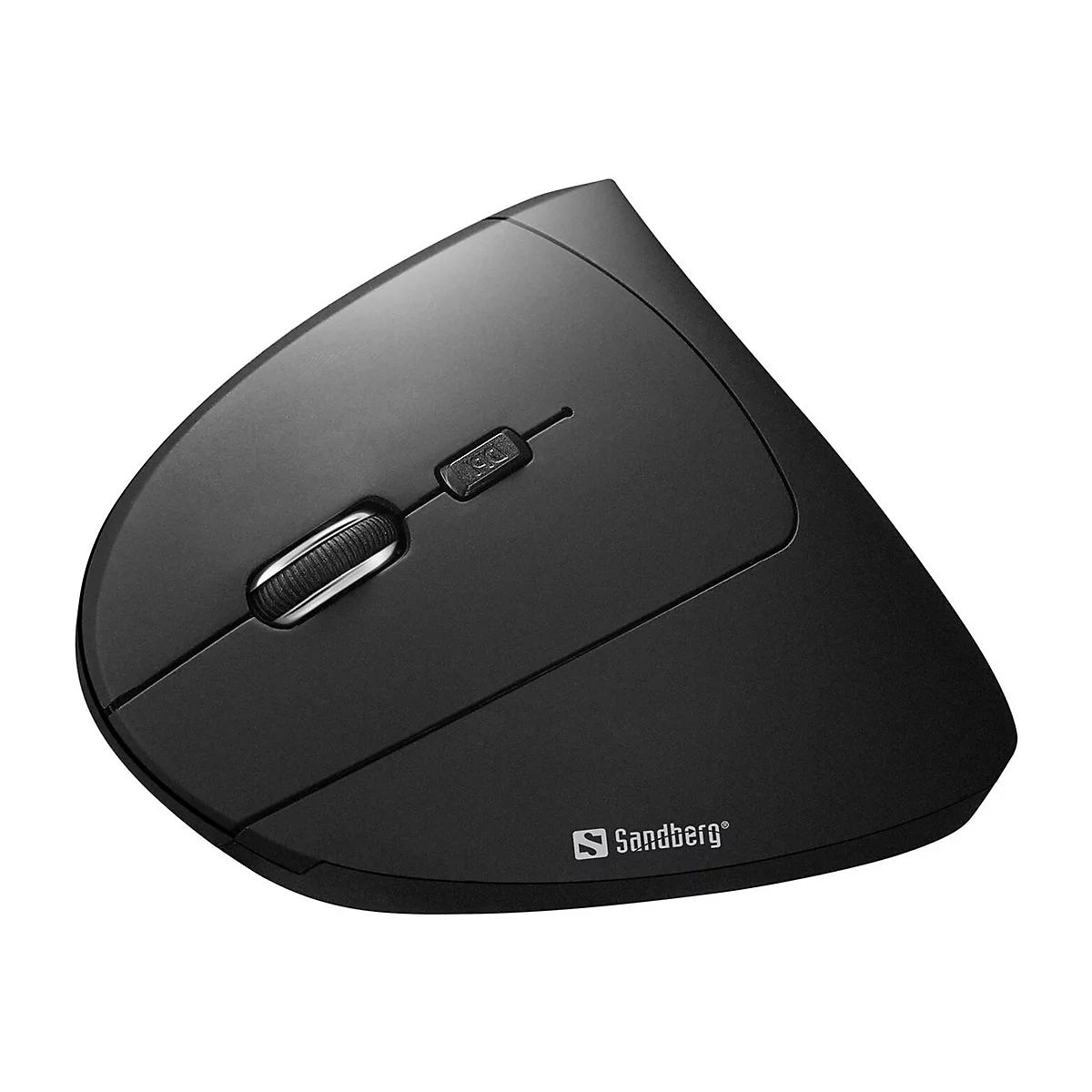 Schwarze vertikale ergonomische Computermaus von Sandberg mit Scrollrad und DPI-Taste auf weißem Hintergrund.