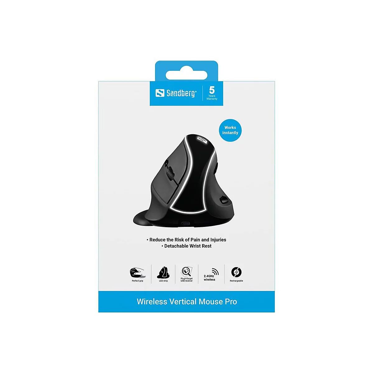 Sandberg Wireless Vertical Mouse Pro in der Verpackung, ergonomisches Design mit LED-Beleuchtung.
