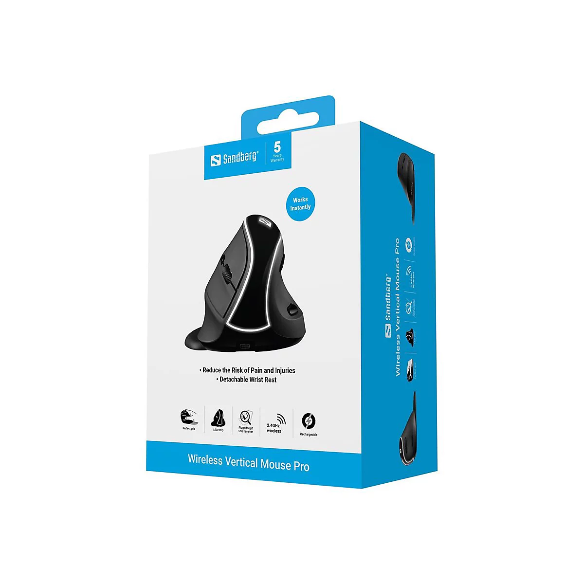 Produktverpackung der Sandberg Wireless Vertical Mouse Pro mit Produktbild und technischen Angaben.