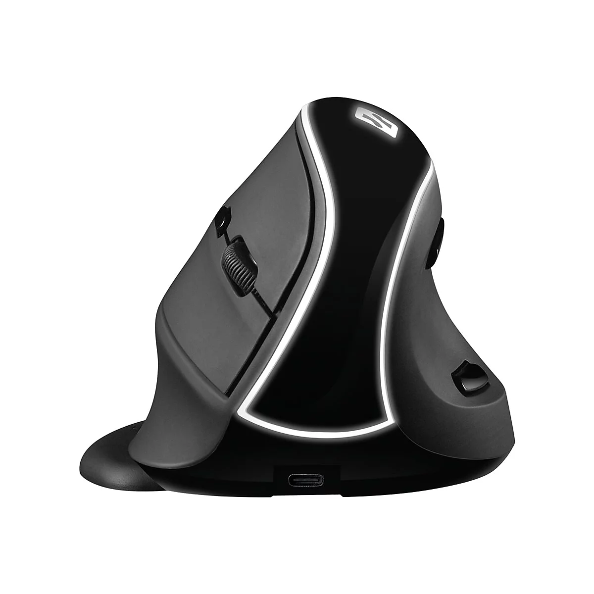 Ergonomische, schwarze Vertikalmaus mit beleuchteten Linien. Sie steht vor weißem Hintergrund.