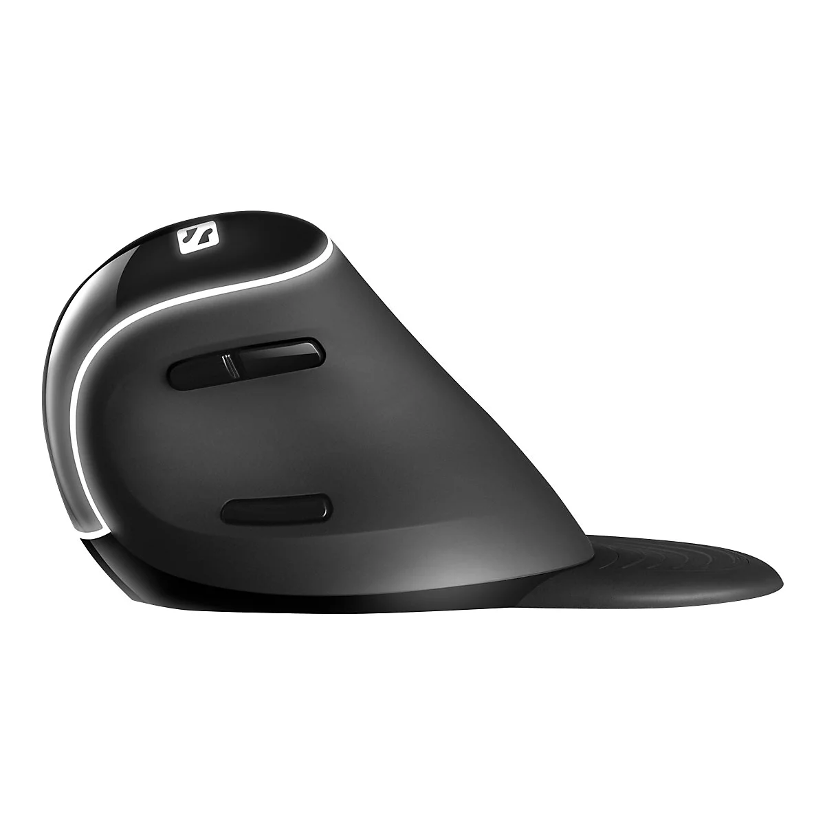 Ergonomische, schwarze Maus. Auf der Oberseite ein Logo und Konturen mit einer hellen Linie. Zwei Tasten auf der Seite.