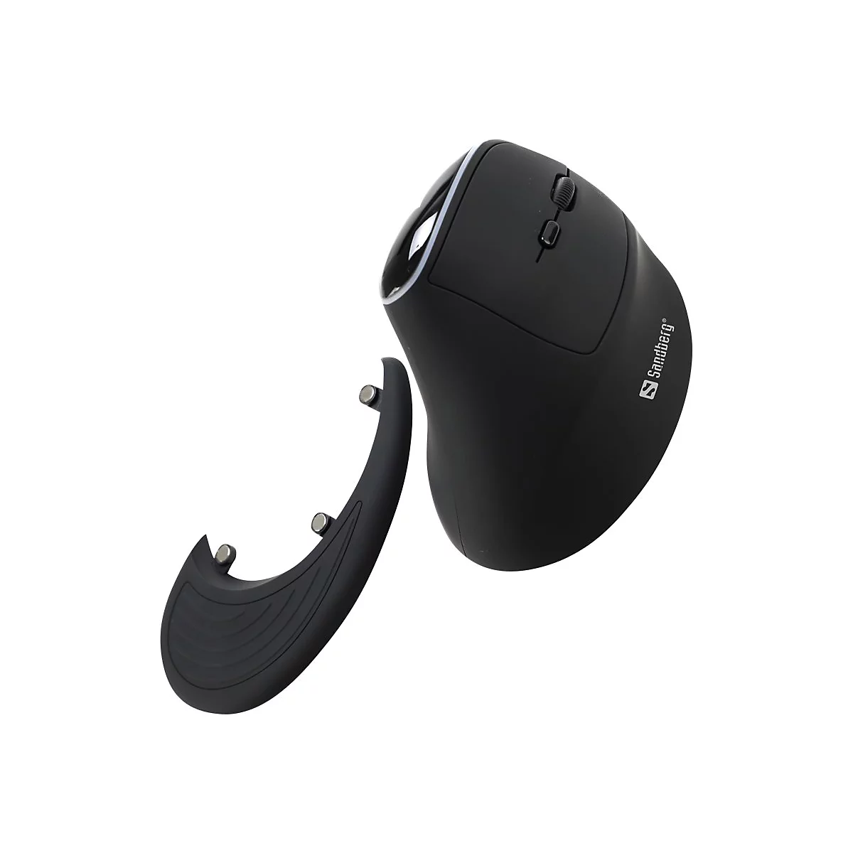 Schwarze ergonomische Maus mit abnehmbarer Handballenauflage, Marke Sandberg.