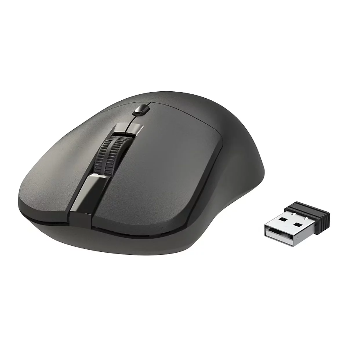Drahtlose, dunkelgraue Maus mit USB-Empfänger auf weißem Hintergrund.