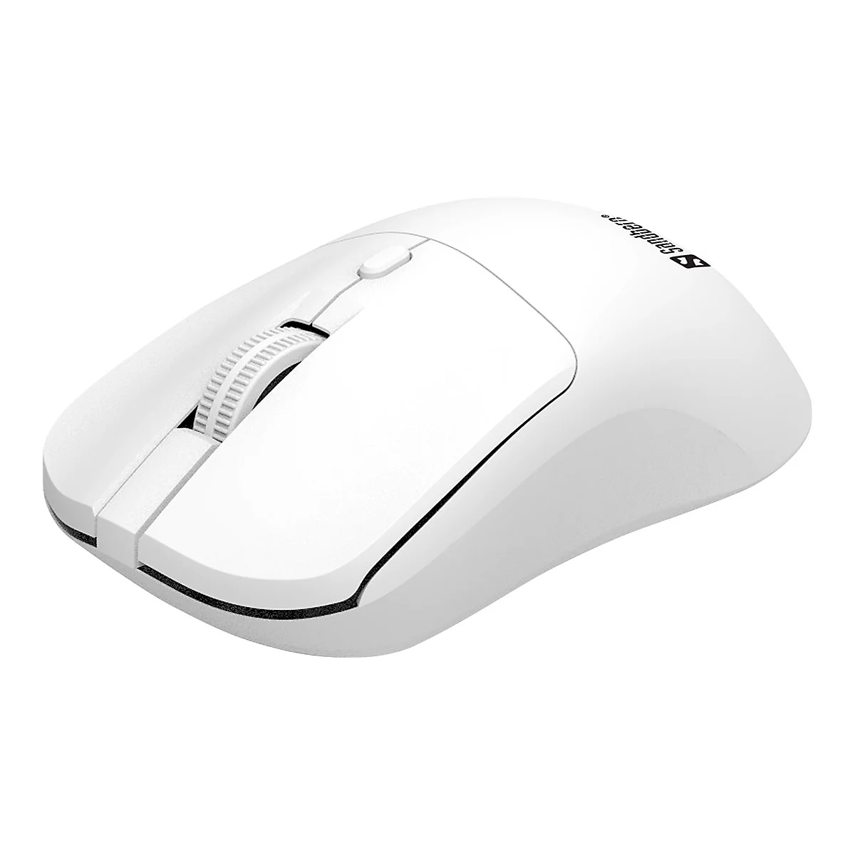 Drahtlose weiße Maus. Scrollrad, zwei Tasten, Logo "Sandberg".