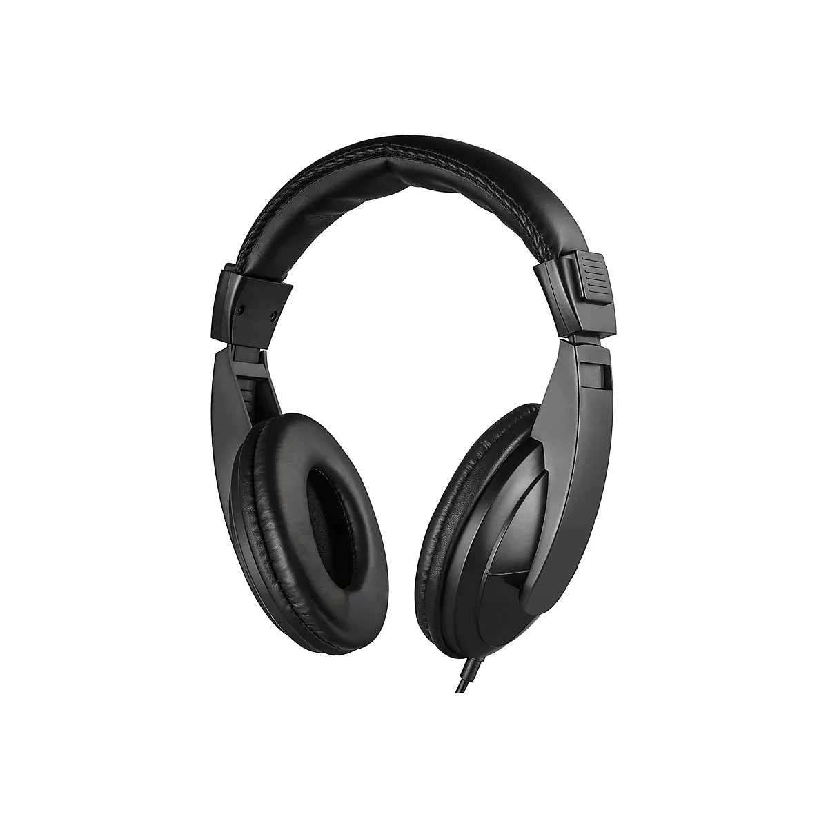 Schwarzer Kopfhörer, frontal abgebildet, Ohrmuscheln und Kopfbügel sind gepolstert, Kabelanschluss.