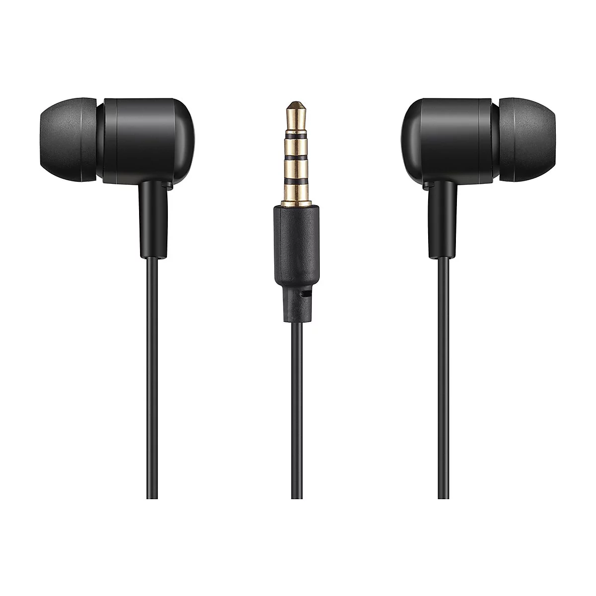 Schwarze In-Ear-Kopfhörer mit Klinkenstecker, isoliert auf weißem Hintergrund.