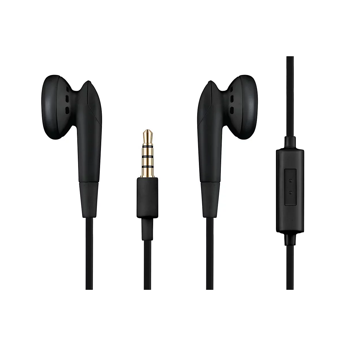 Schwarze In-Ear-Kopfhörer mit Klinkenstecker und Bedienfeld.